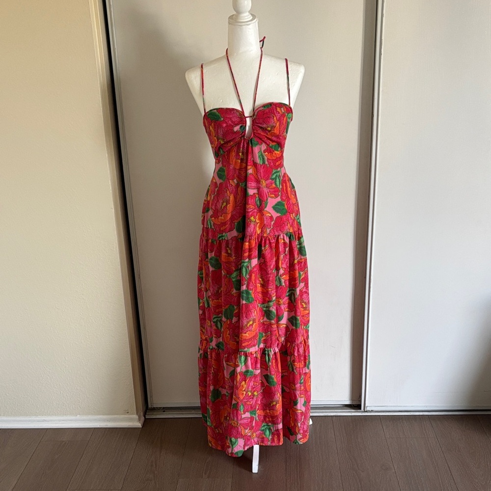 Crystal Doll Red and Green Floral Maxi Dress